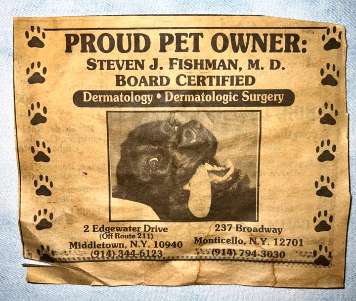 One of Dr. Fishman's first ads in Pet Section of Middletown Record.